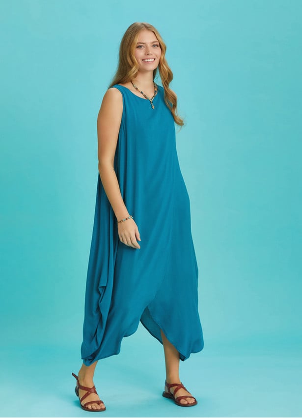 Sleeveless Front Layered Blue Baggy Summer Dress