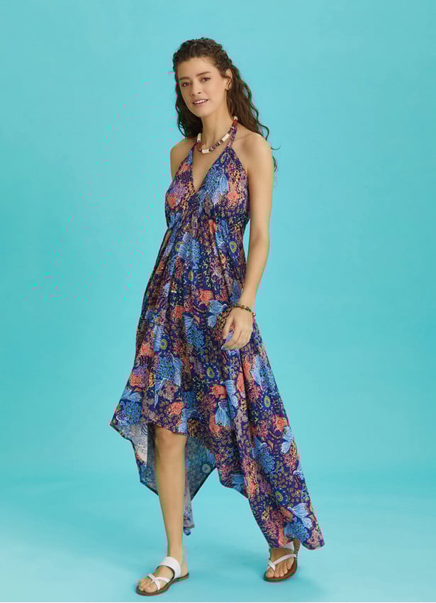 Backless Blue Print Handkerchief Dress