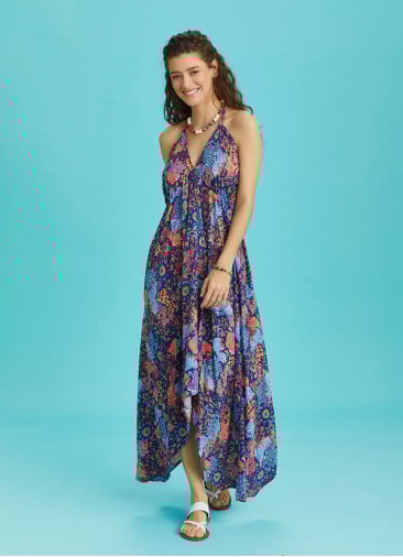 Backless Blue Print Handkerchief Dress