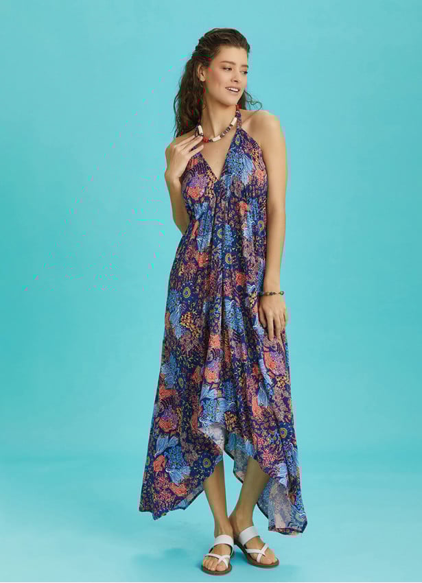 Backless Blue Print Handkerchief Dress
