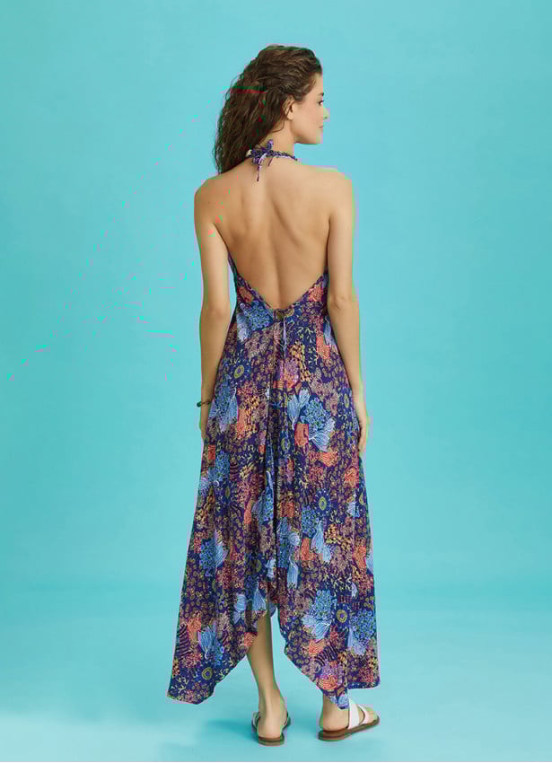 Backless Blue Print Handkerchief Dress