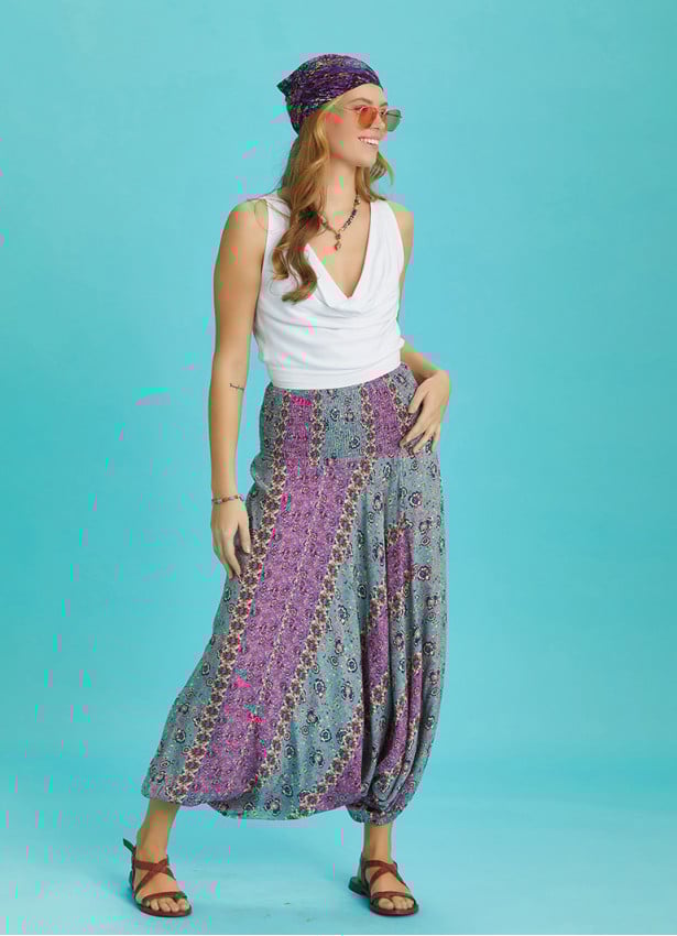 Floral Print Wide Shirred Waist Boho Style Harem Pants