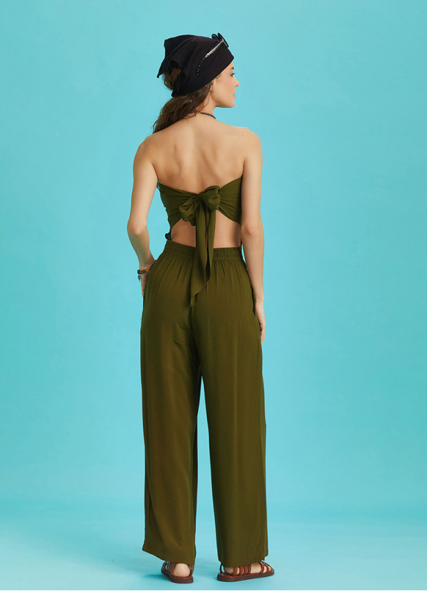 Khaki Wide Leg Strapless Overall