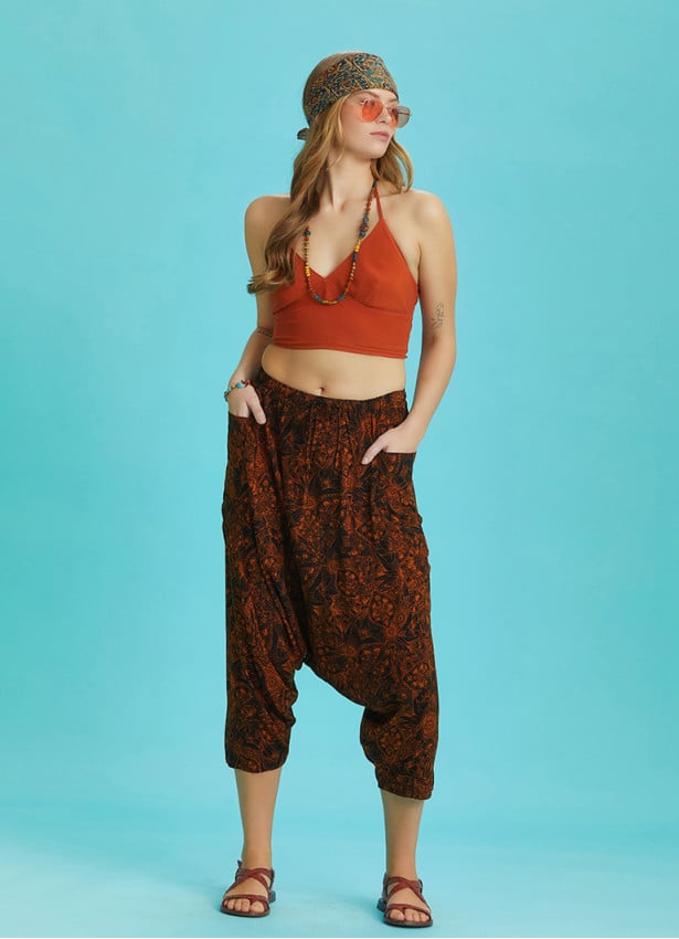 Orange Patterned Elastic Waist Capri Harem Pants