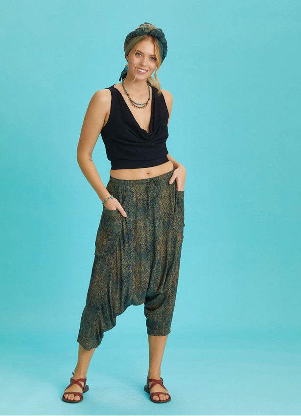 Khaki Patterned Elastic Waist Capri Harem Pants