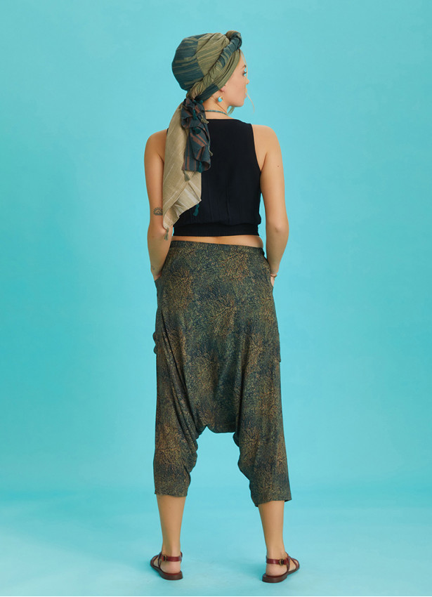 Khaki Patterned Elastic Waist Capri Harem Pants