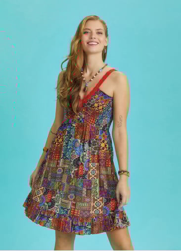 Oranj Patterned Lace Collar Strap Sundress