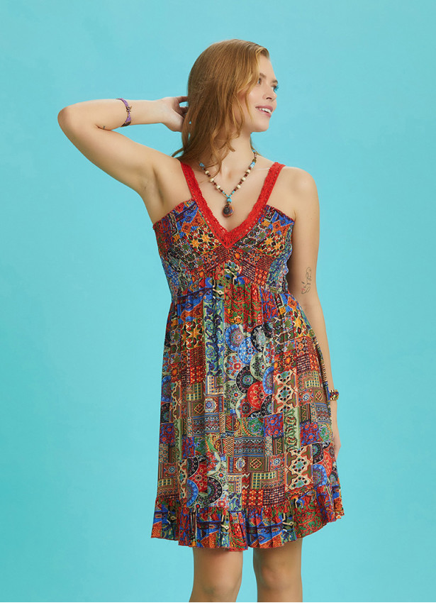 Oranj Patterned Lace Collar Strap Sundress
