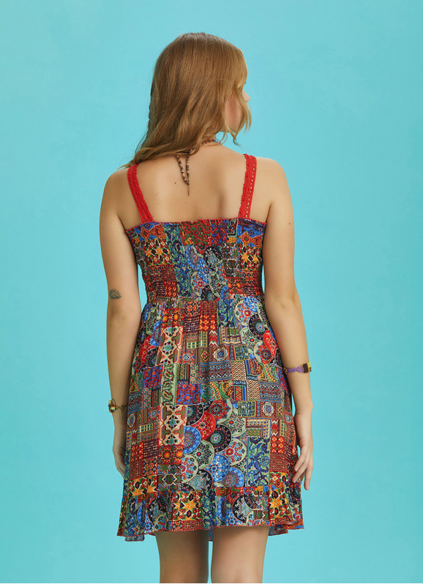 Oranj Patterned Lace Collar Strap Sundress