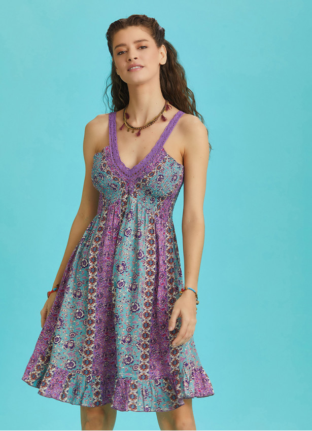 Pink Patterned Lace Collar Strap Sundress
