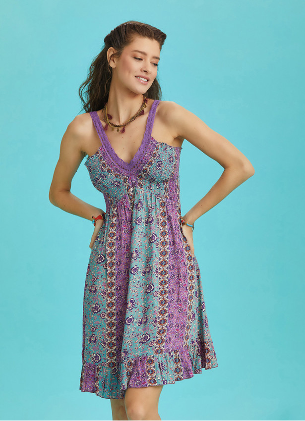 Pink Patterned Lace Collar Strap Sundress