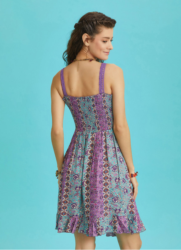 Pink Patterned Lace Collar Strap Sundress