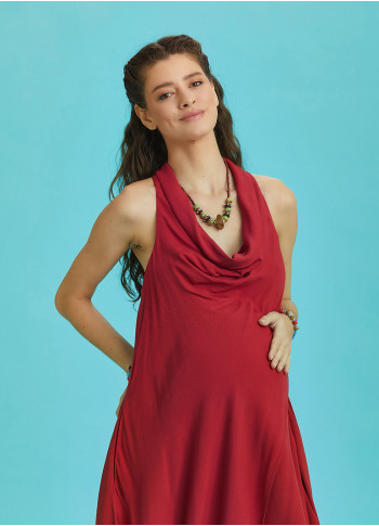 Bohemian Stylish Authentic Degaje Neck Red Maternity Dress