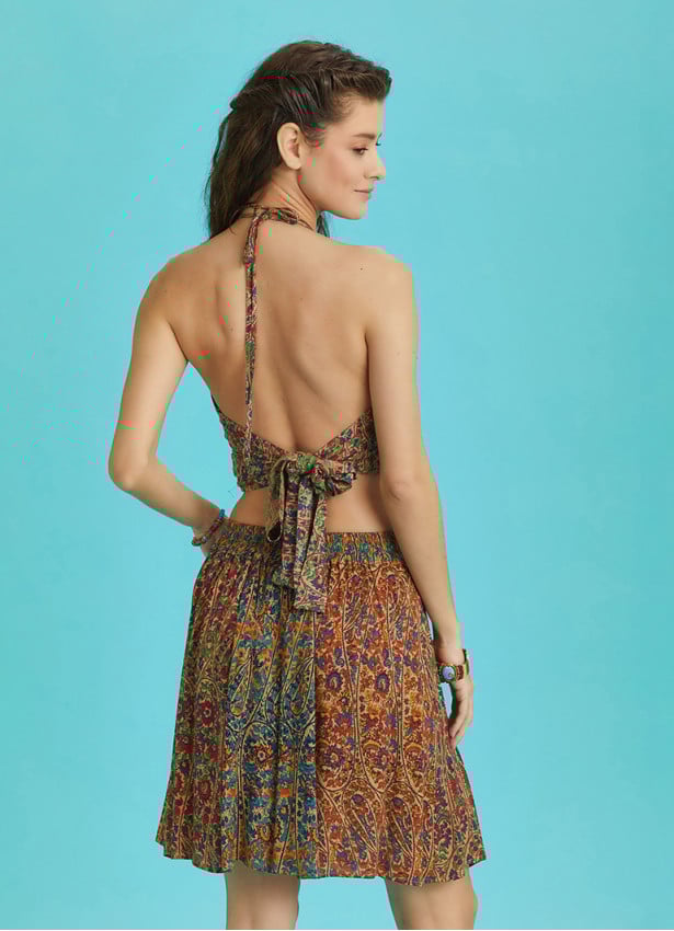 Gathered Tie Back Bust Cup Halter Print Crop Top