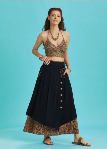 Double Layered Button Down Black Long Skirt