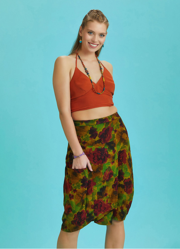 Oversize Pocket Detail Wrap Front Midi Khaki Boho Skirt