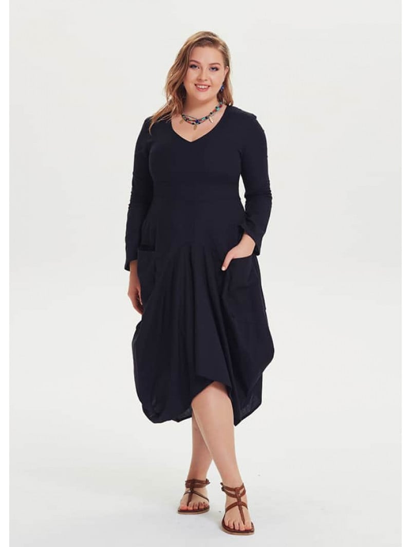 Oversized Pockets V Neck Plus Size Black Dress | Wholesale Boho Clothing