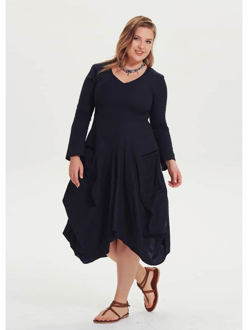 Oversized Pockets V Neck Plus Size Black Dress | Wholesale Boho Clothing