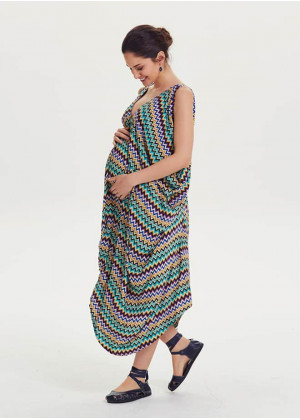 Sleeveless Asymmetrical Hem Deep V Neckline Boho Maternity Dress