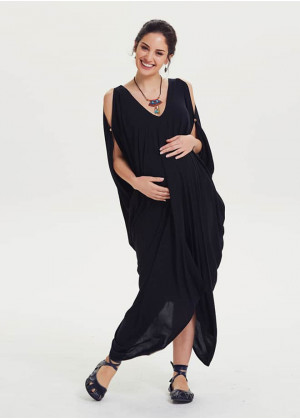 Cold Shoulder Asymmetrical Hem V Neck Black Boho Maternity Dress