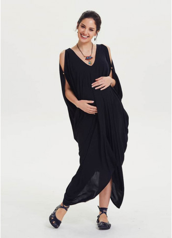 Cold Shoulder Asymmetrical Hem V Neck Black Boho Maternity Dress
