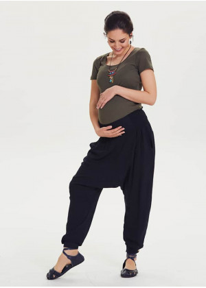 Shirred Waist Black Maternity Drop Crotch Pants