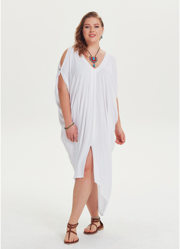 Asymmetrical Hem White Wholesale Plus Size Cold Shoulder Dress