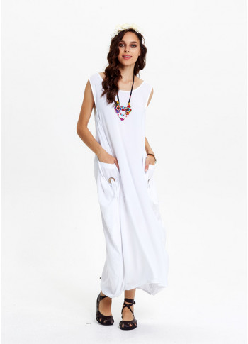 Sleeveless Scoop Neckline Boho Style Loose Fit White Maxi Dress