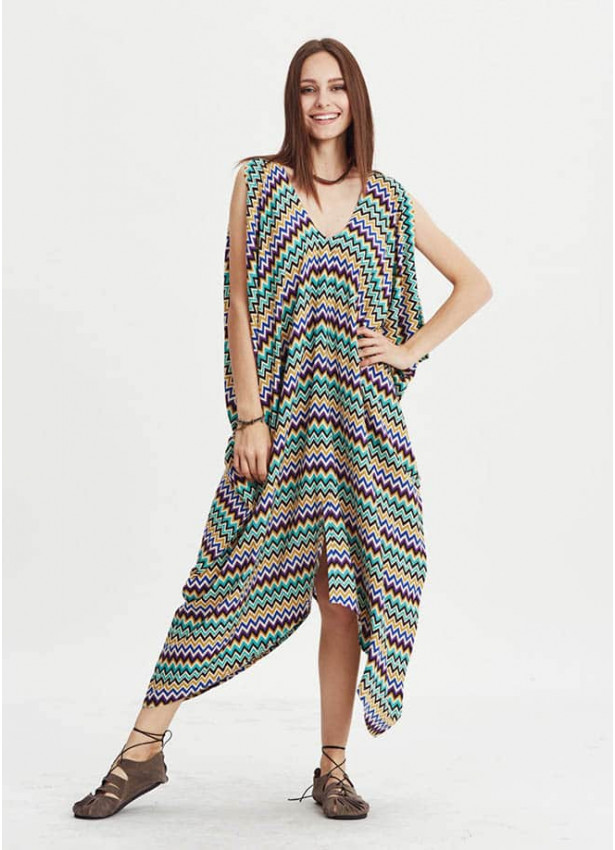Loose Fit Sleeveless Deep V Neck Hippie Style Cold Shoulder Dress