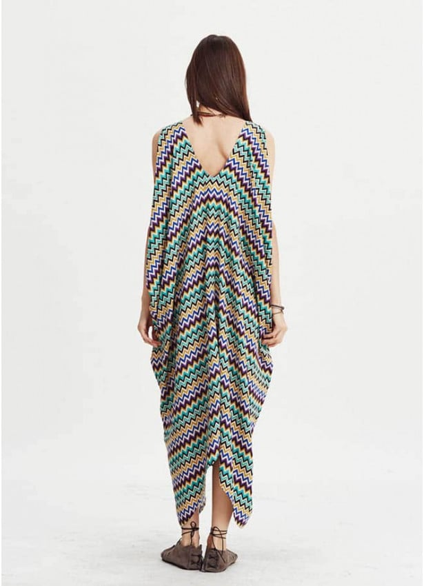 Loose Fit Sleeveless Deep V Neck Hippie Style Cold Shoulder Dress