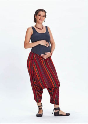 Elastic Waist Striped Hippie Style Maternity Capri Harem Pants