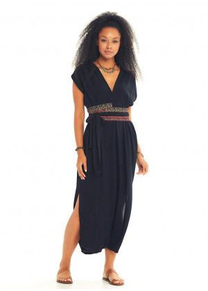 Slit Detailed Belted Black Summer Dress