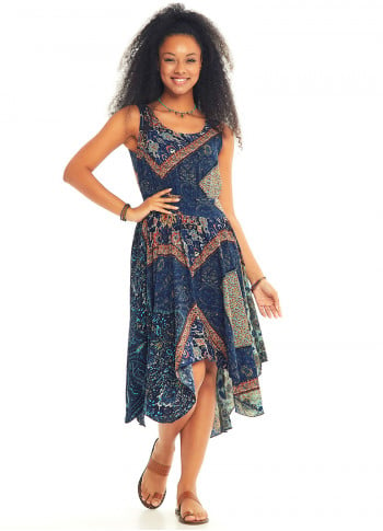Blue Print Asymmetrical Hem Midi Summer Dress