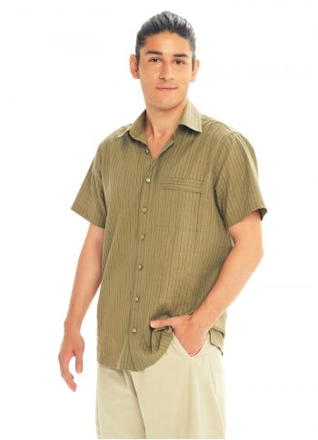 Half Sleeve Striped Khaki Men's Cotton Shirt