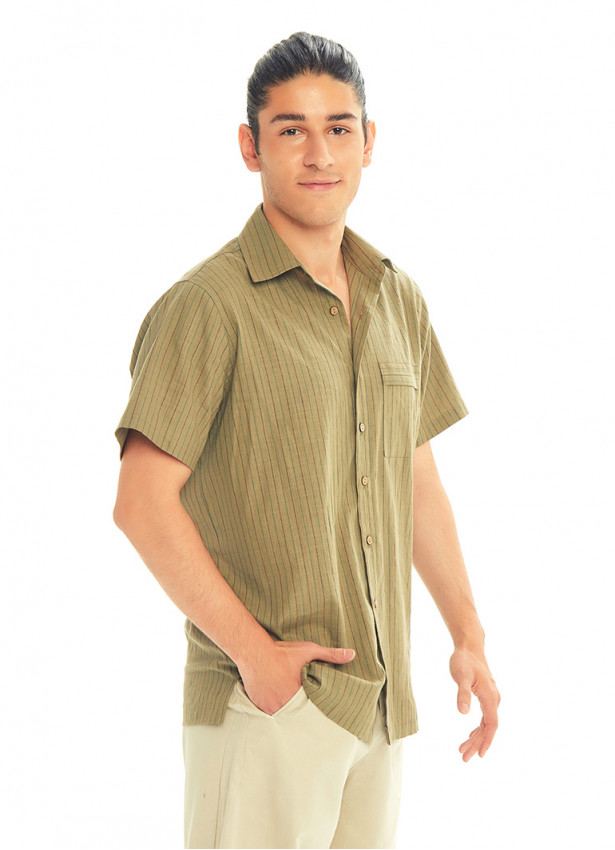 Half Sleeve Striped Khaki Men's Cotton Shirt