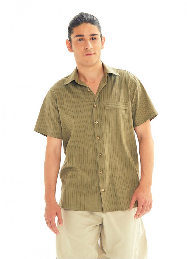 Half Sleeve Striped Khaki Men's Cotton Shirt