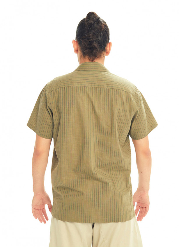 Half Sleeve Striped Khaki Men's Cotton Shirt