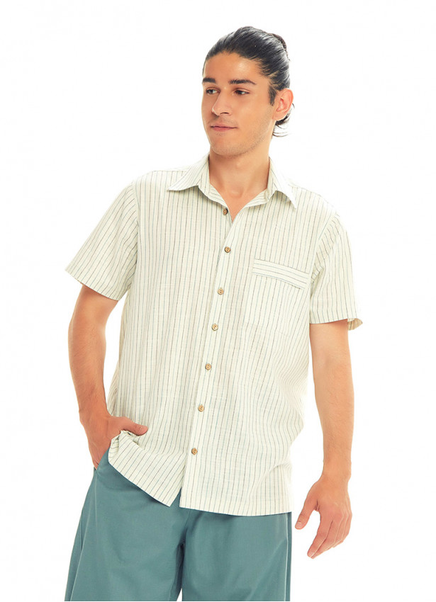 Half Sleeve Button Down Men's Vertical  Cream Striped Shirt