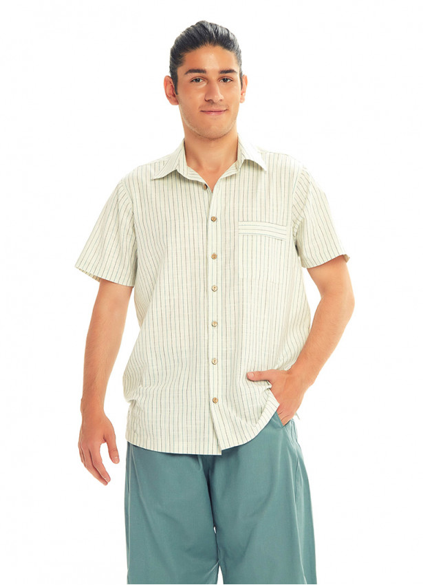 Half Sleeve Button Down Men's Vertical  Cream Striped Shirt