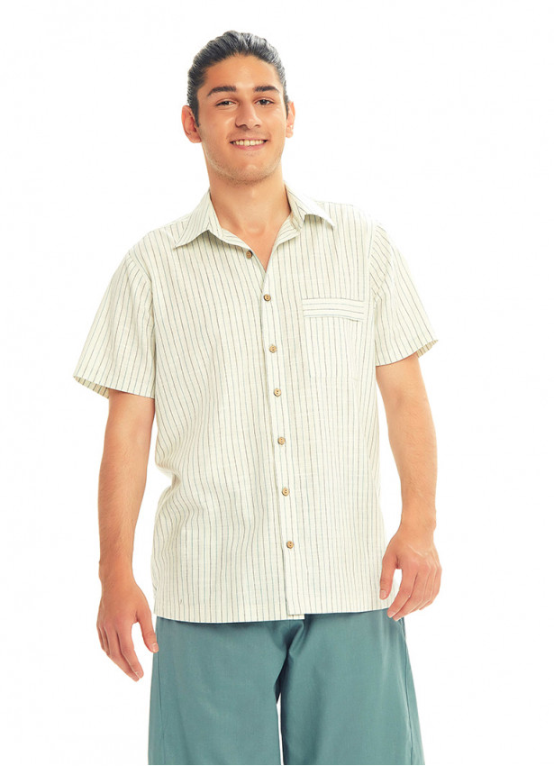 Half Sleeve Button Down Men's Vertical  Cream Striped Shirt