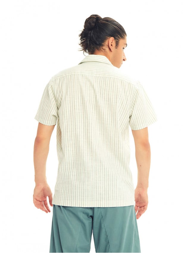 Half Sleeve Button Down Men's Vertical  Cream Striped Shirt
