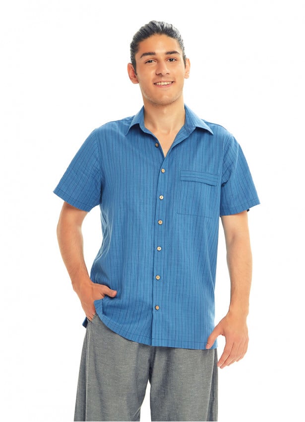 Half Sleeve Striped Cotton Button Down Men's Shirt