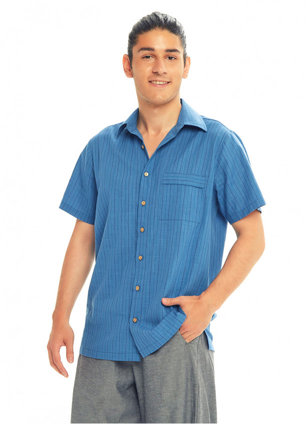 Half Sleeve Striped Cotton Button Down Men's Shirt