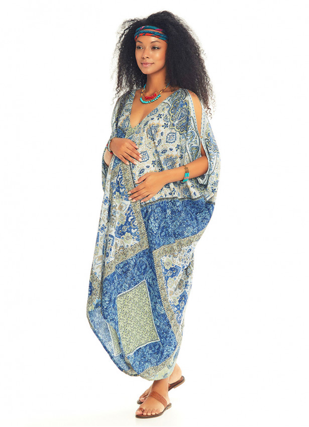 Loose Fit Blue Print Boho Maternity Dress