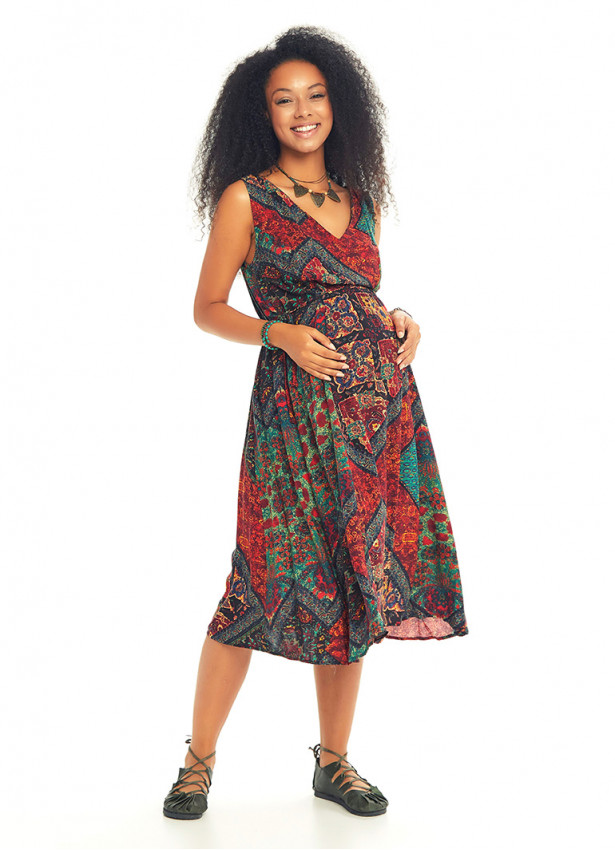 Etnic Print V Neckline Maternity Day Dress
