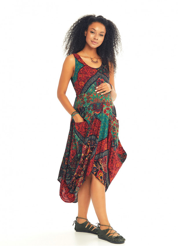 Black Print Sleeveless Tie Waist Maternity Dress