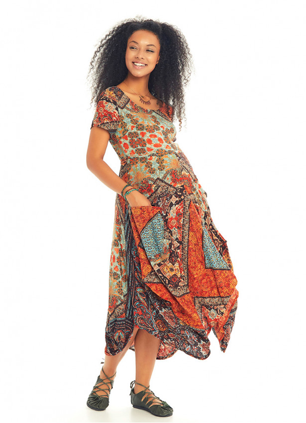 Asymetrical Hem Half Sleeve Bohemian Maternity Dress