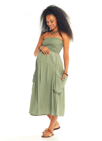 Draped Front Detail Strapless Maternity Midi Dress