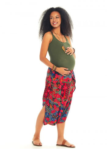 Ethnic Print Elastic Waist Red Capri Skirt  Maternity Pants
