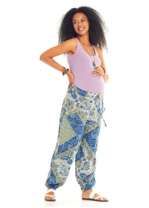 Blue Print Elastic Waist Bohemian Style Baggy Maternity Trouser